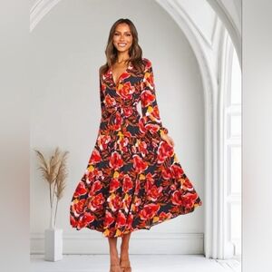 Vibrant Navy Red & Orange Floral Faux Wrap Maxi w/ Bishop Sleeve SIZE L BOUTIQUE